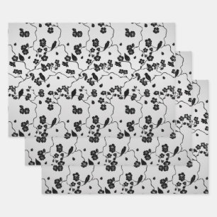 Black on Silver Pattern Birds and Cherry Blossoms Wrapping Paper Sheet
