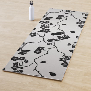 Black on Silver Pattern Birds and Cherry Blossoms Yoga Mat