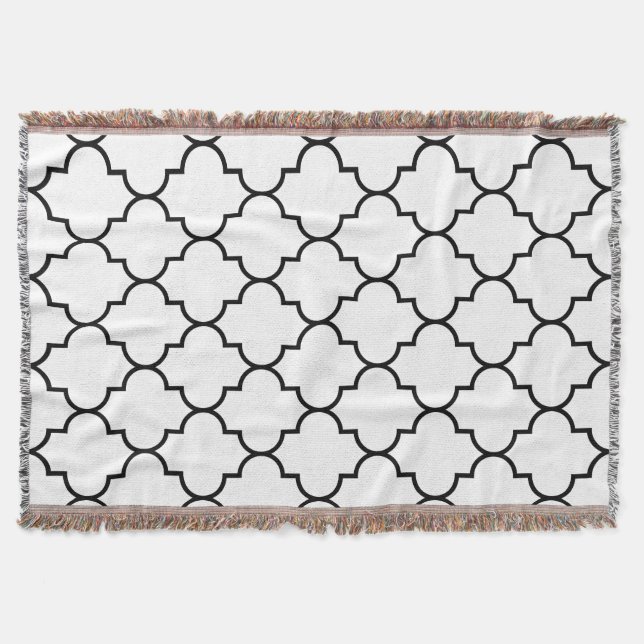 Black on White Background Moroccan Quatrefoil Throw Blanket (Front)