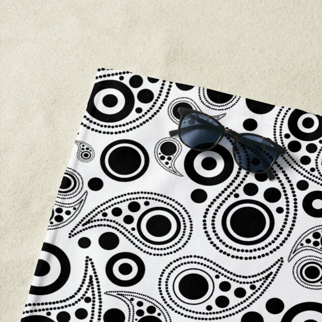 Black on White circle dots paisley style pattern Beach Towel (In Situ)