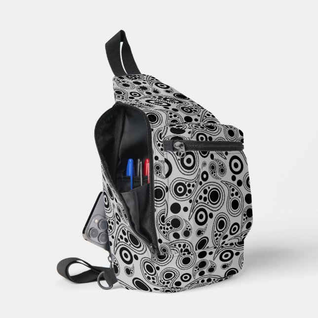 Black on White circle dots paisley style pattern Sling Bag (Open)
