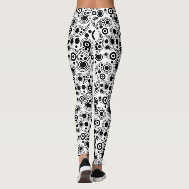 Black on White circles paisley style pattern Leggings (Back)