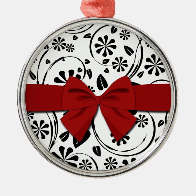 Black on White Daisy Flower Pattern Metal Tree Decoration (Front)