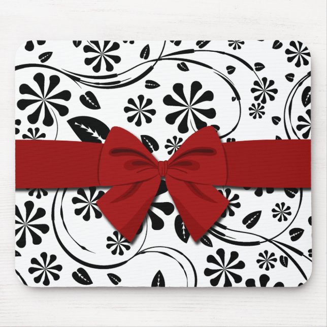 Black on White Daisy Flower Pattern Mouse Pad (Front)