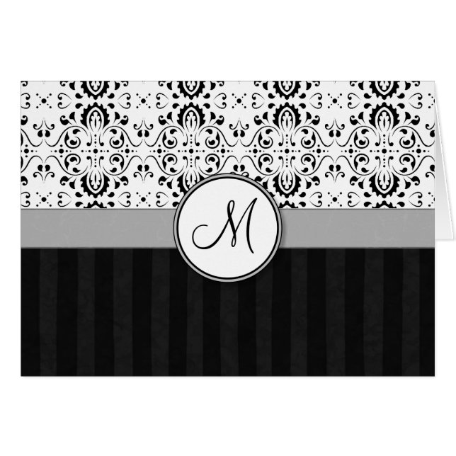 Black on White Damask and Stripes with Monogram (Front Horizontal)