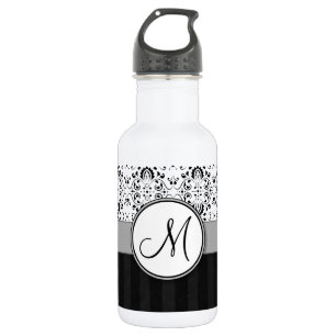 Black on White Damask and Stripes with Monogram 532 Ml Water Bottle