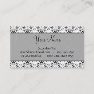 Black on White Damask and Stripes with Monogram Business Card