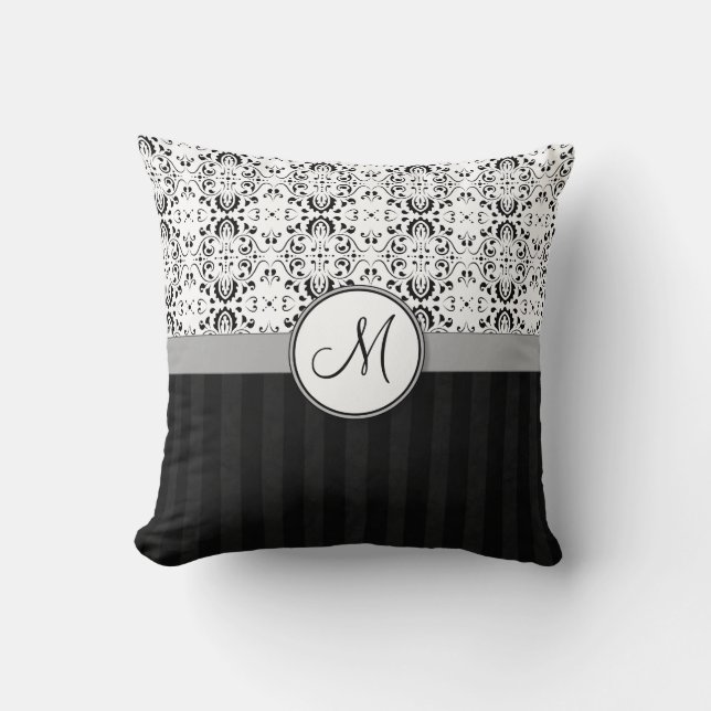 Black on White Damask and Stripes with Monogram Cushion (Front)
