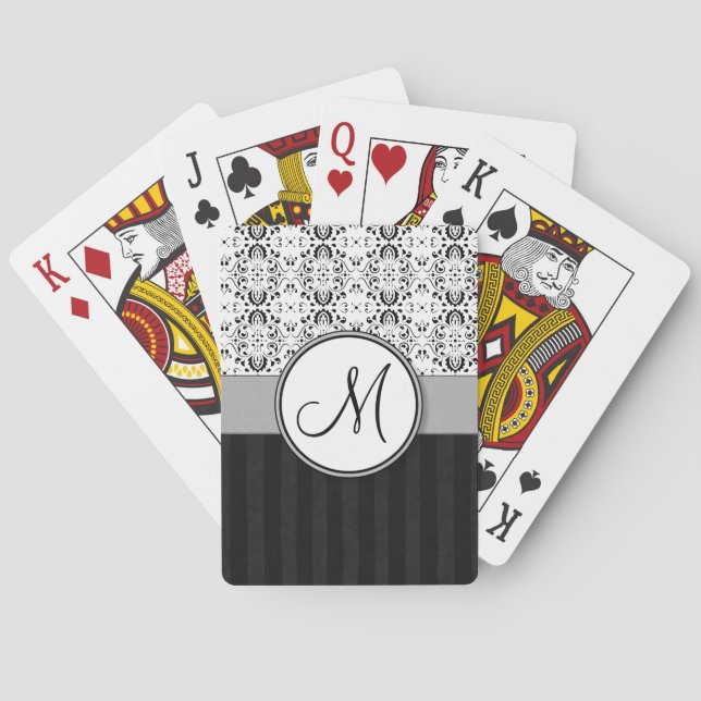 Black on White Damask and Stripes with Monogram Playing Cards (Back)