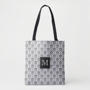Black on White Damask Monogrammed Tote Bag