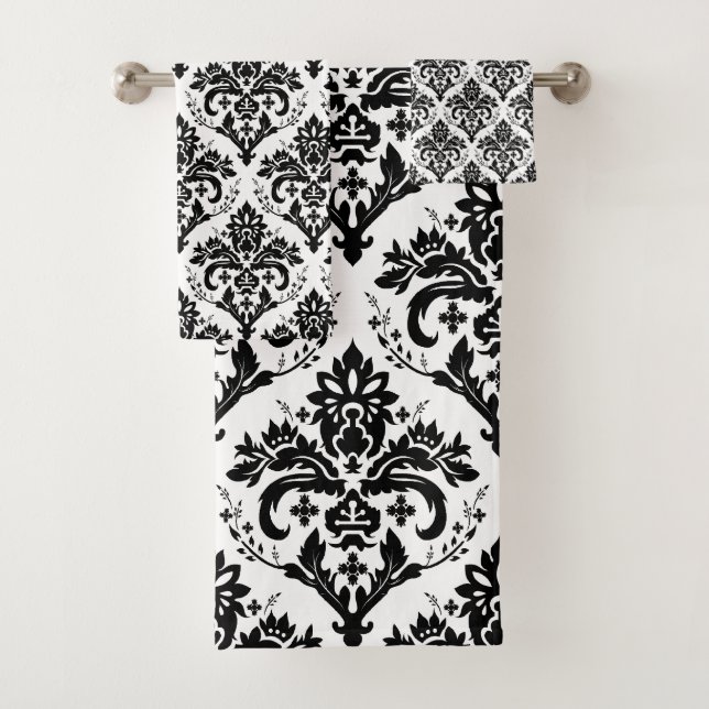 Black on White Damask Pattern Bath Towel Set (Insitu)