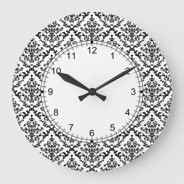 Black on White Damask Pattern Large Clock (Front)