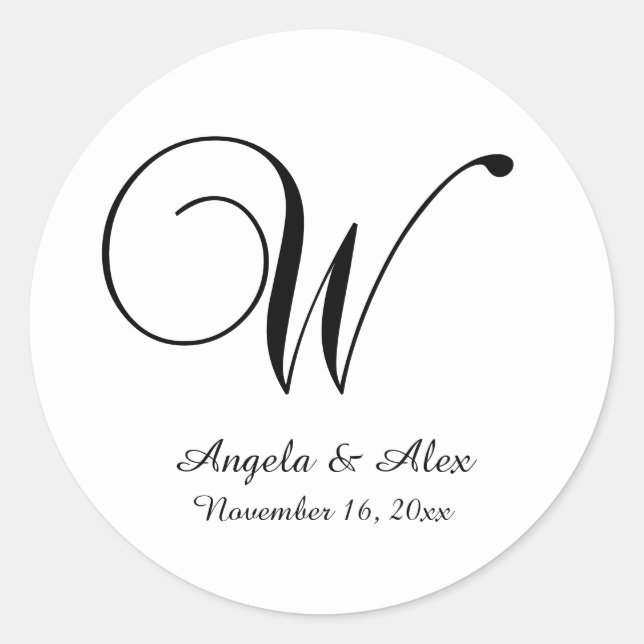 Black on White Decorative Script Monogram W Classic Round Sticker (Front)