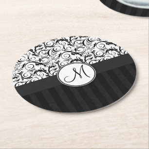 Black on White Floral Curls, Stripes & Monogram Round Paper Coaster
