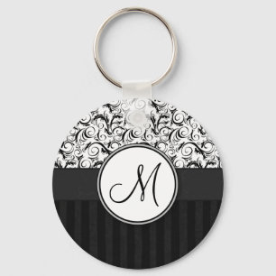 Black on White Floral Wisps, Stripes & Monogram Key Ring