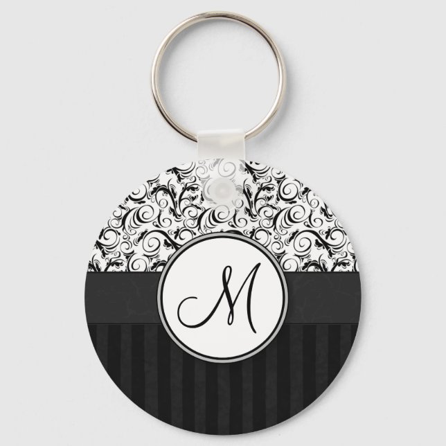 Black on White Floral Wisps, Stripes & Monogram Key Ring (Front)