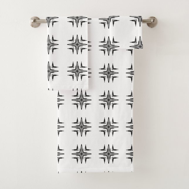 Black on white geometric design bath towel set (Insitu)