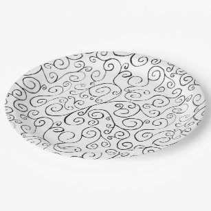 Black on White Hand-Painted Curvy Pattern Paper Plate
