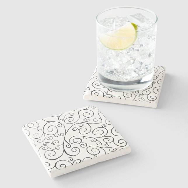 Black on White Hand-Painted Curvy Pattern Stone Coaster (Side)