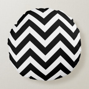 Black on White Large Size Chevron Stripes Round Cushion
