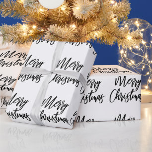 Black on White Merry Christmas Calligraphy Script Wrapping Paper