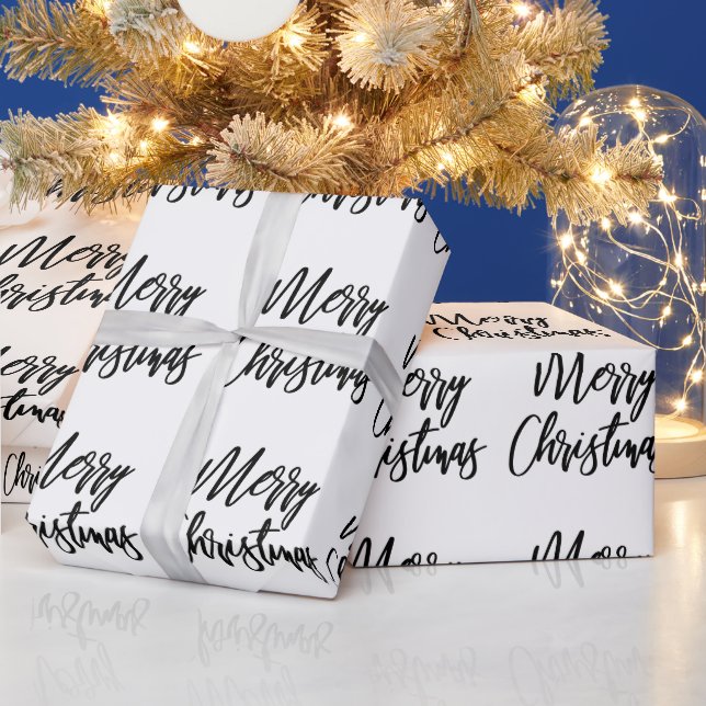 Black on White Merry Christmas Calligraphy Script Wrapping Paper (Holidays)