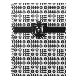 Black on White Monogrammed Welsh Faux Tapestry Spiral Notebook