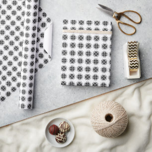 Black on White Nordic Pixel Snowflake Pattern Wrapping Paper