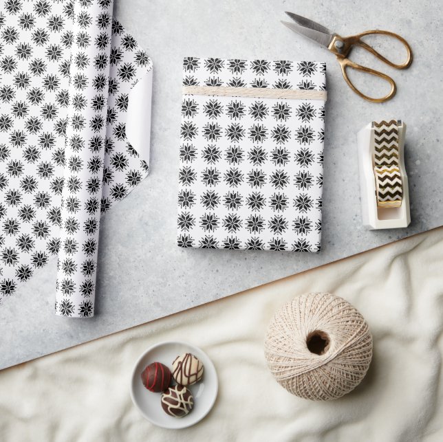 Black on White Nordic Pixel Snowflake Pattern Wrapping Paper (Crafts)