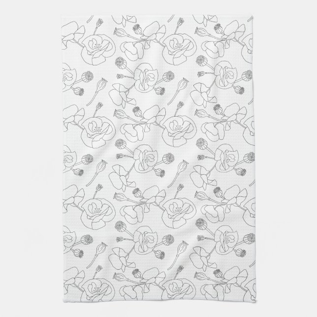Black on White Poppies Tea Towel (Vertical)