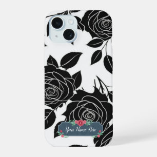 Black on White Rose Flower Pattern iPhone 15 Case