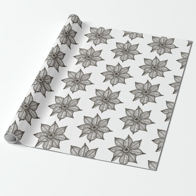 Black on White Sketchy Flowers Wrapping Paper (Unrolled)