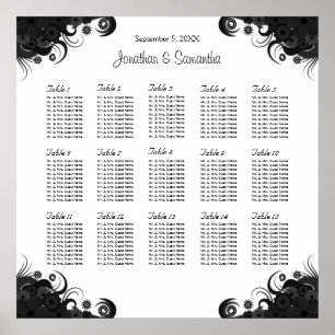 Black on White Wedding 15 Tables Seating Charts