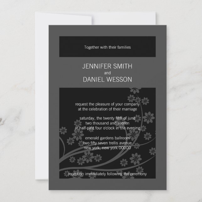Black Onxy Floral Pattern Template Wedding Invites (Front)