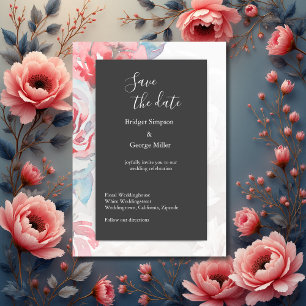 black onyx Floral watercolor rose safe the date Invitation