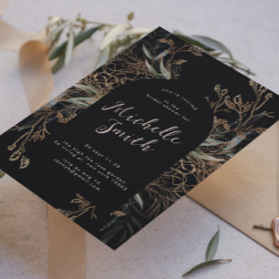 Black Onyx Modern Gold Boho Leafy Bridal Shower Invitation