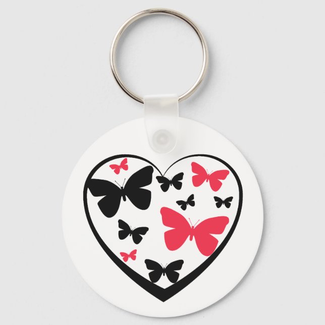 Black open heart with red & black butterflies key ring (Front)