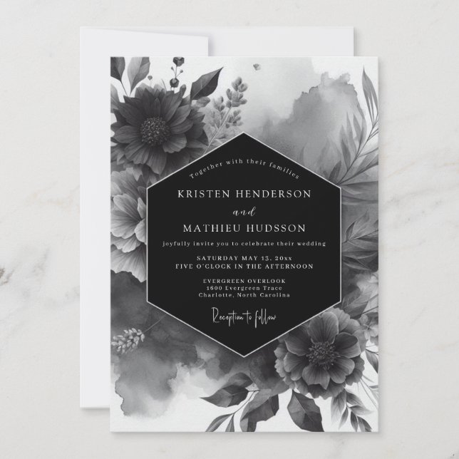 Black Opulent Bloom Wedding Invitation (Front)