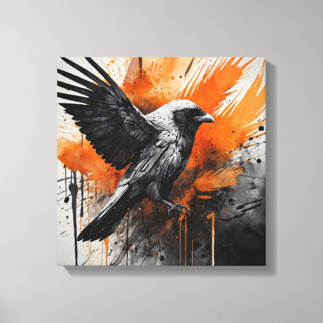 Black Orange Abstract Bird Watercolor wall art (Front)