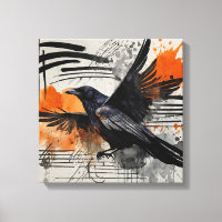 Black Orange Abstract Bird Watercolor wall art