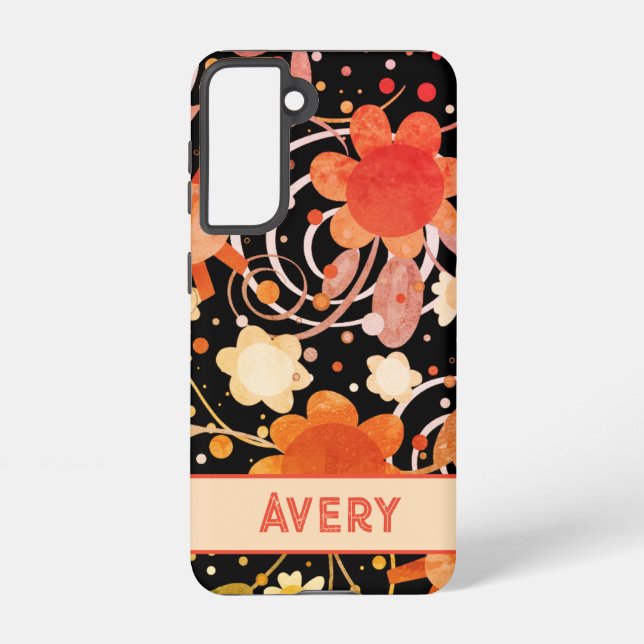 Black Orange Abstract Floral Customised Modern Samsung Galaxy S21 Case (Back)
