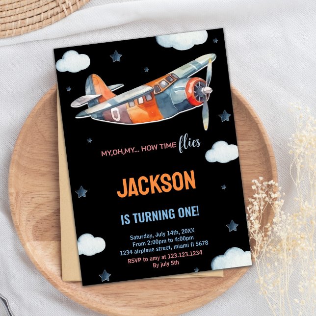 Black Orange Aeroplane Birthday Invitations (Black Orange Airplane Birthday Invitations)