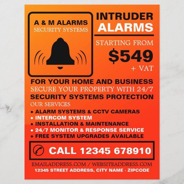 Black & Orange Alarm Logo, Security Alarm Service Flyer (Front)