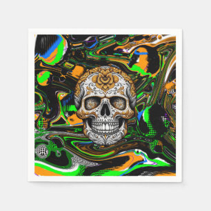 Black Orange and Lime Green Sugar Skull Art Napkin