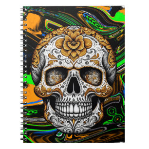 Black Orange and Lime Green Sugar Skull Art Notebook