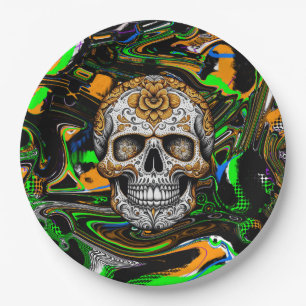 Black Orange and Lime Green Sugar Skull Art Paper Plate