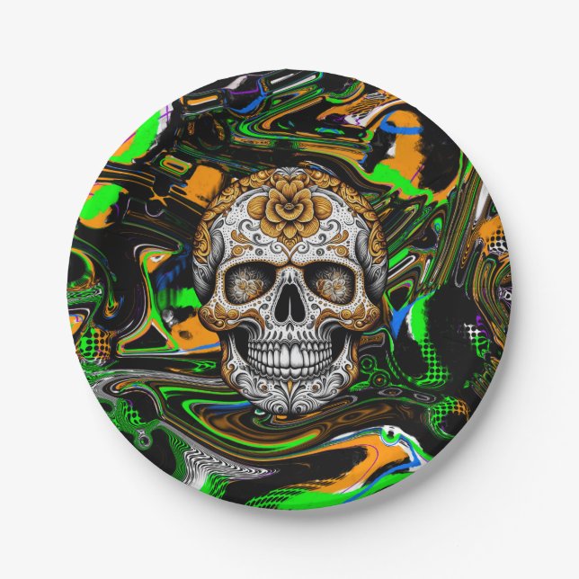 Black Orange and Lime Green Sugar Skull Art Paper Plate (Front)