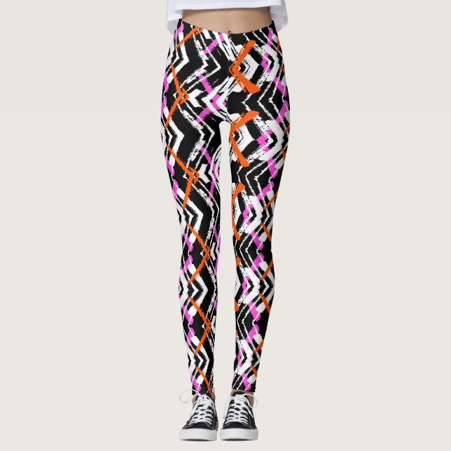 Black, Orange, And Pink Hand Drawn Arrow Pattern Leggings (Front)