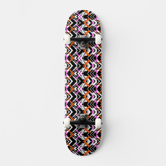 Black, Orange, And Pink Hand Drawn Arrow Pattern Skateboard (Front)