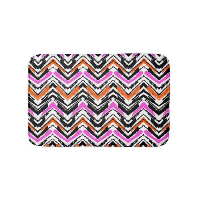 Black, Orange, And Pink Hand Drawn Chevron Pattern Bath Mat (Front)